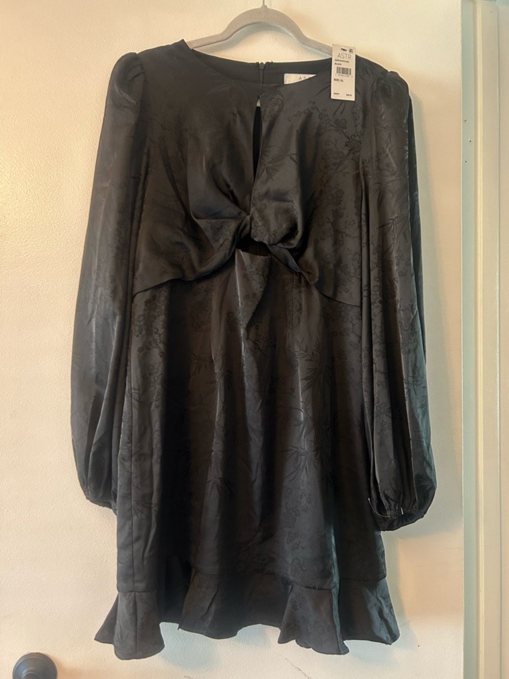 Astr Black Satin Knot-Front Mini Dress